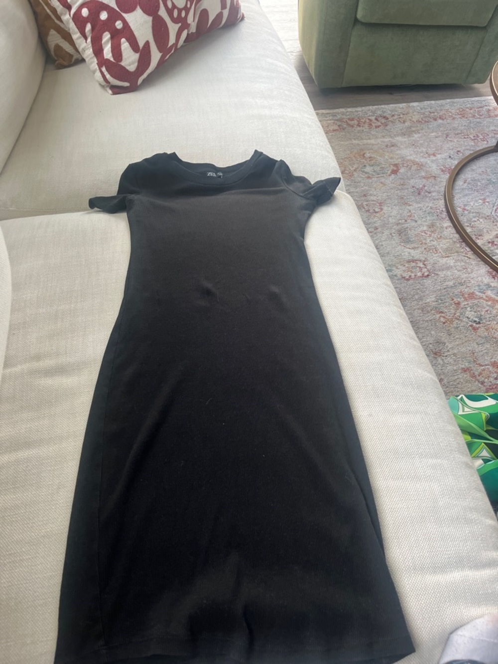 Zara short-sleeve, black ribbed t-shirt dress.